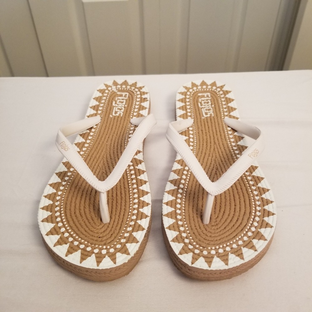 Flojos White Tan Geometric Sunburst Rope Textured Flip Flop Sandals Womens 7-8